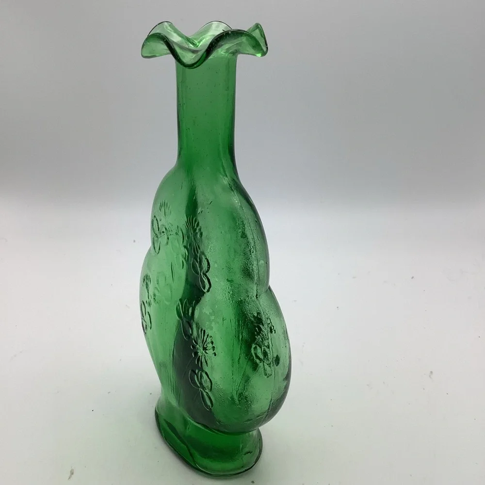 Green Glass Ruffle Top Vase with Embossd Shamrocks